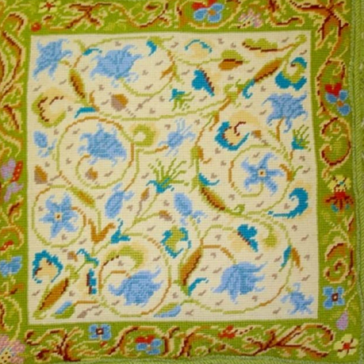 Handmade Wool Needlepoint Pillow Cover - Decorative Throw Cushion Cover - Vintage Floral Embroidery Design blue, green roses & Irish lime green frame & tassels