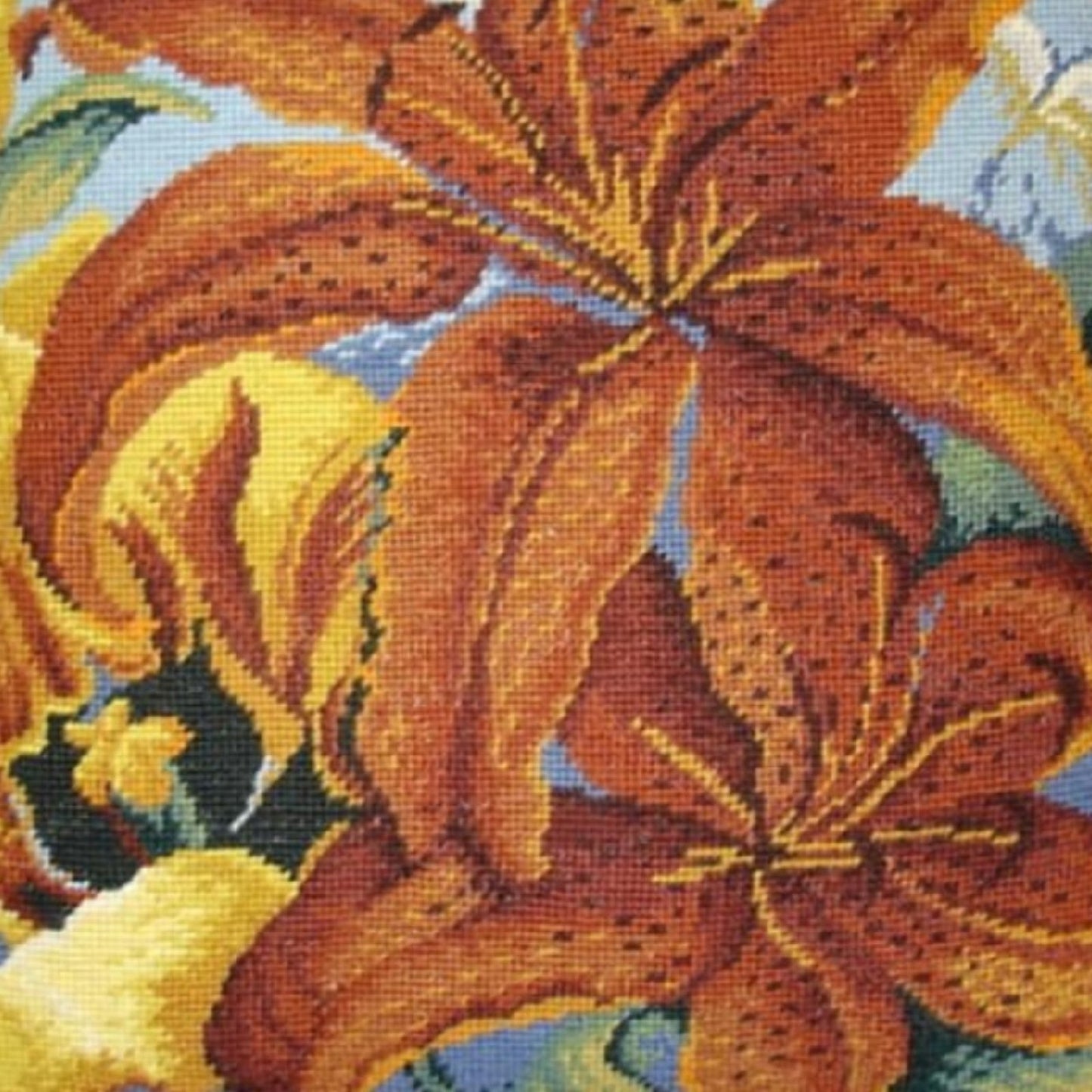 Handmade Wool Needlepoint Pillow Cover - Decorative Throw Cushion Cover - Vintage Floral Embroidery Design All tiger lilly with gold tassels