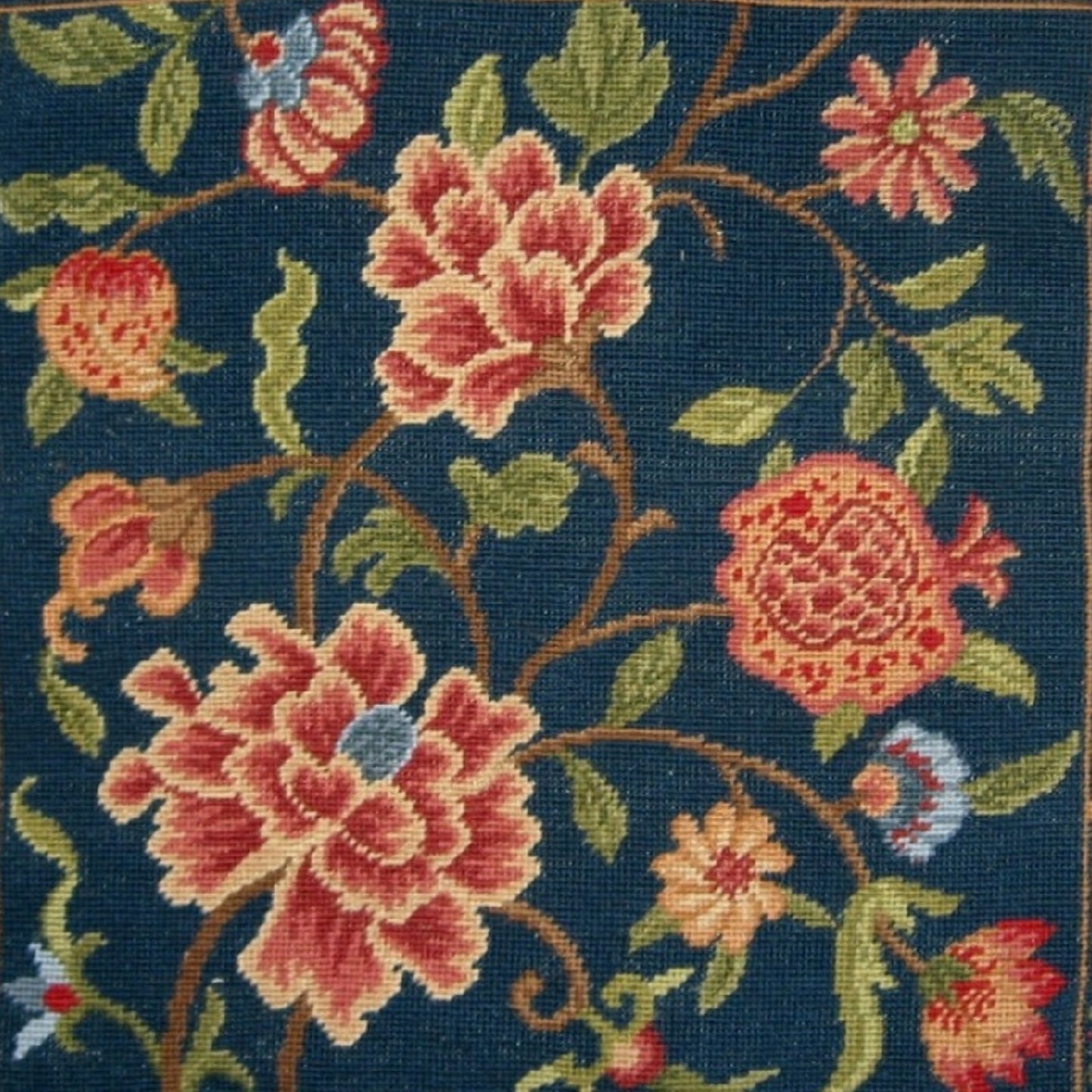 Handmade Wool Needlepoint Pillow Cover - Decorative Throw Cushion Cover - Vintage Floral Embroidery Design navy blue back blooming peonies with tassels