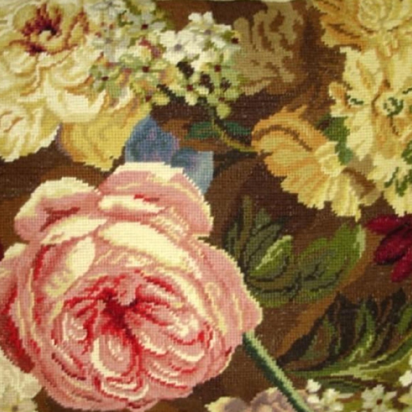 Handmade Wool Needlepoint Pillow Cover - Decorative Throw Cushion Cover - Vintage Floral Embroidery Design pink roses & flower with tassels