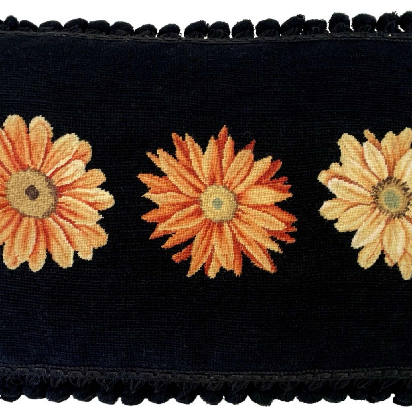 Handmade Wool Needlepoint Pillow Cover - Decorative Throw Cushion Cover - Vintage Floral Embroidery Design3 daisies black background back tassel
