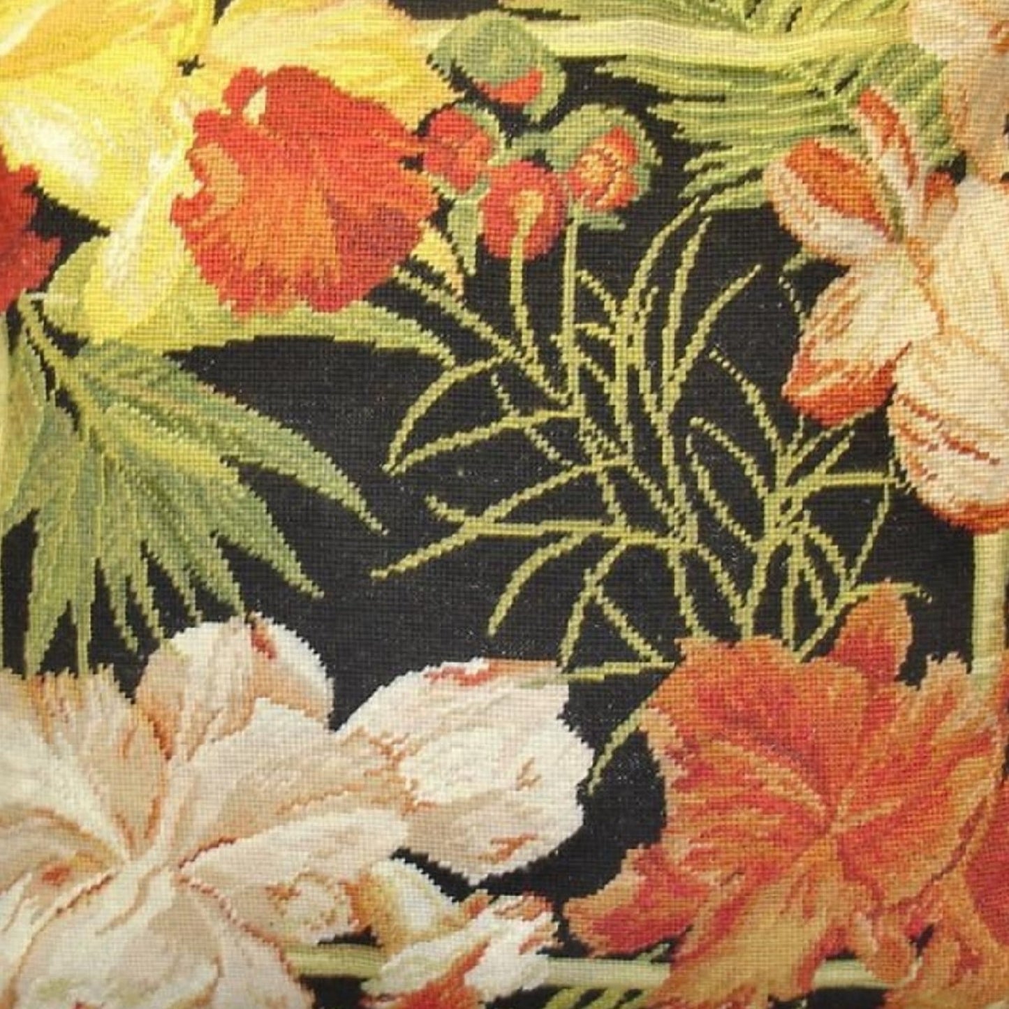 Handmade Wool Needlepoint Pillow Cover - Decorative Throw Cushion Cover - Vintage Floral Embroidery Design blackback banboo framed tropical flower in red, yellow, green with tassel