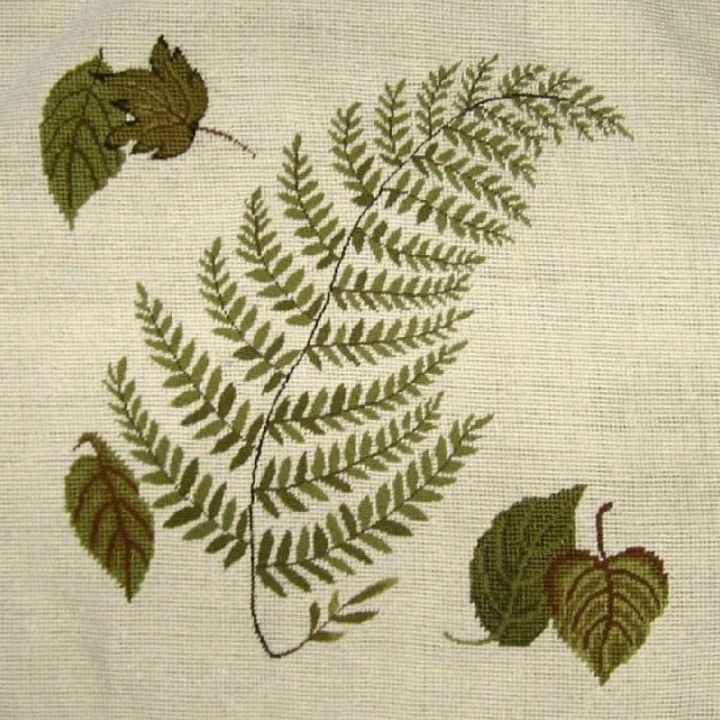Handmade Wool Needlepoint Pillow Cover - Decorative Throw Cushion Cover - Vintage Floral Embroidery Design fern, leaves with tassels