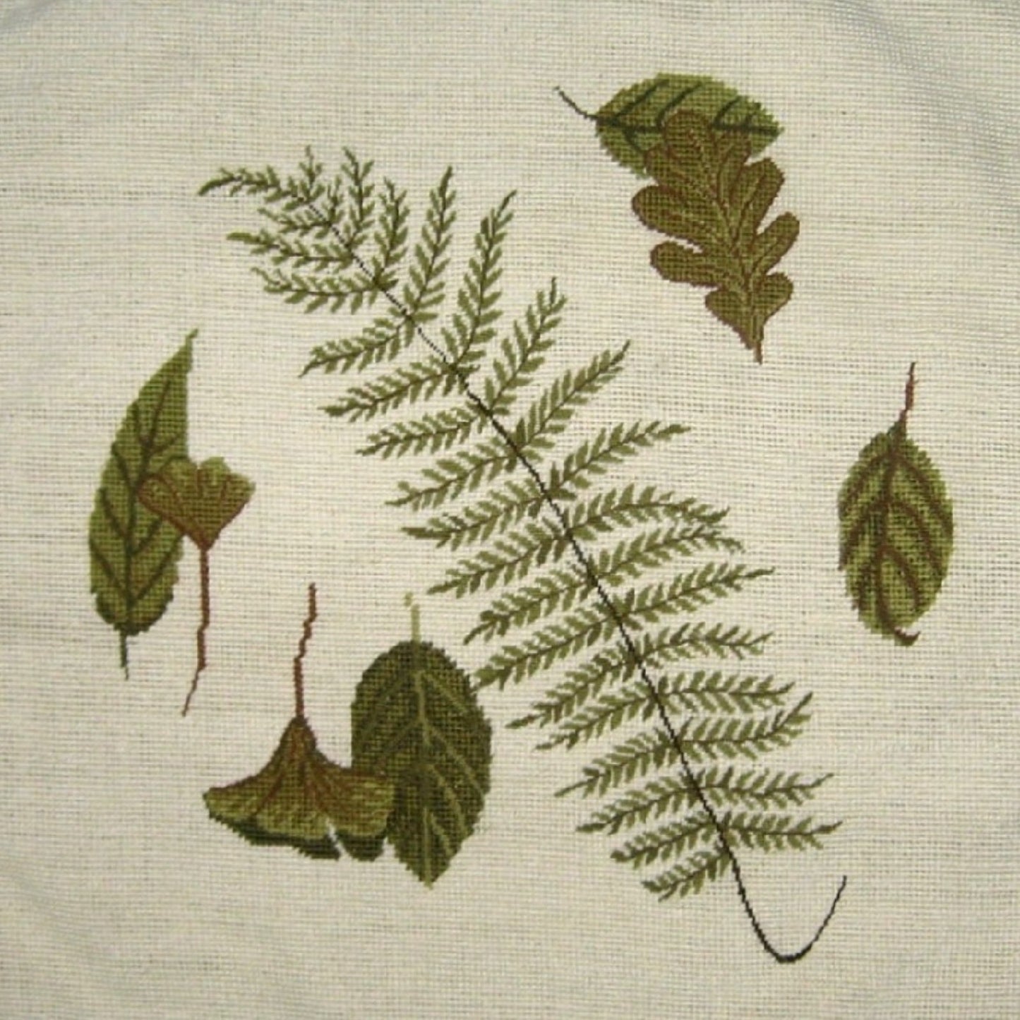 Handmade Wool Needlepoint Pillow Cover - Decorative Throw Cushion Cover - Vintage Floral Embroidery Design fern, leaves with 3 color tassels