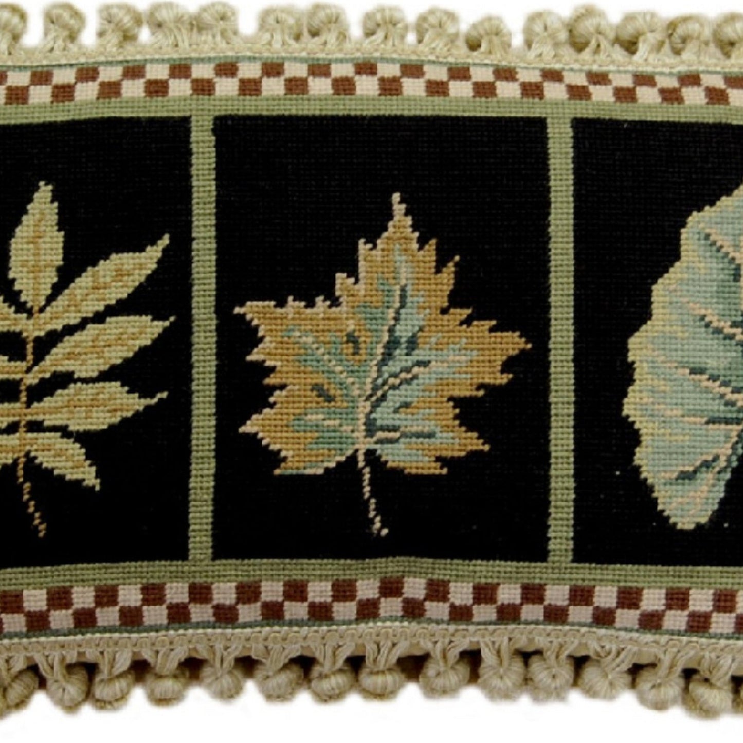 Handmade Wool Needlepoint Pillow Cover - Decorative Throw Cushion Cover - Vintage Floral Embroidery Design 3, S-L, leaves black background with tassels