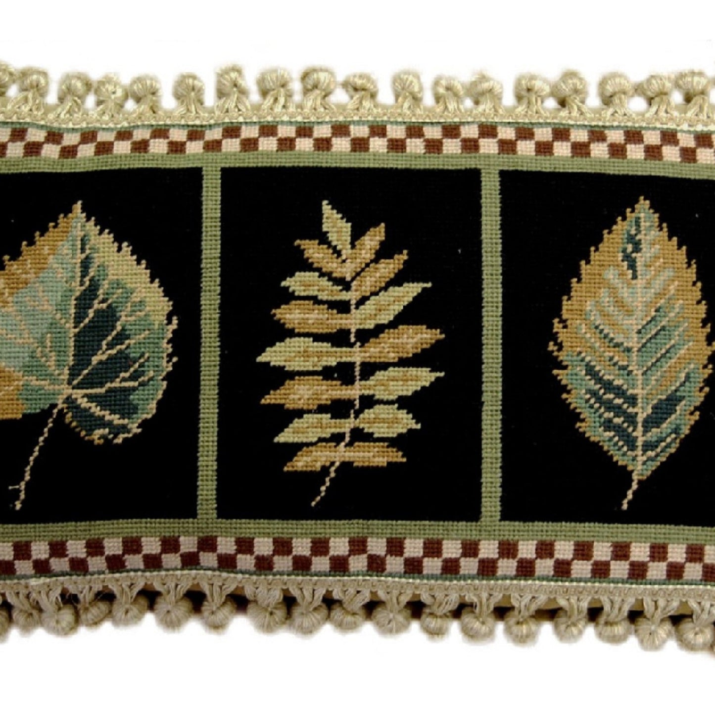 Handmade Wool Needlepoint Pillow Cover - Decorative Throw Cushion Cover - Vintage Floral Embroidery Design 3 leaves, L-L, black background with tassels