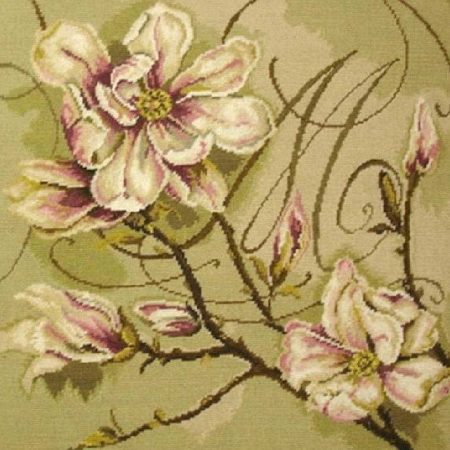 Handmade Wool Needlepoint Pillow Cover - Decorative Throw Cushion Cover - Vintage Floral Embroidery Design  Kathryn White designMagnolia Trumeau with tassel