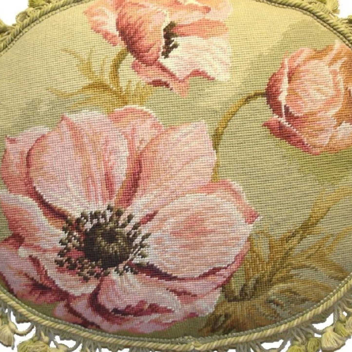 Handmade Wool Needlepoint Pillow Cover - Decorative Throw Cushion Cover - Vintage Floral Embroidery Design Kathryn White designPink Magnolia with 3 color tassels