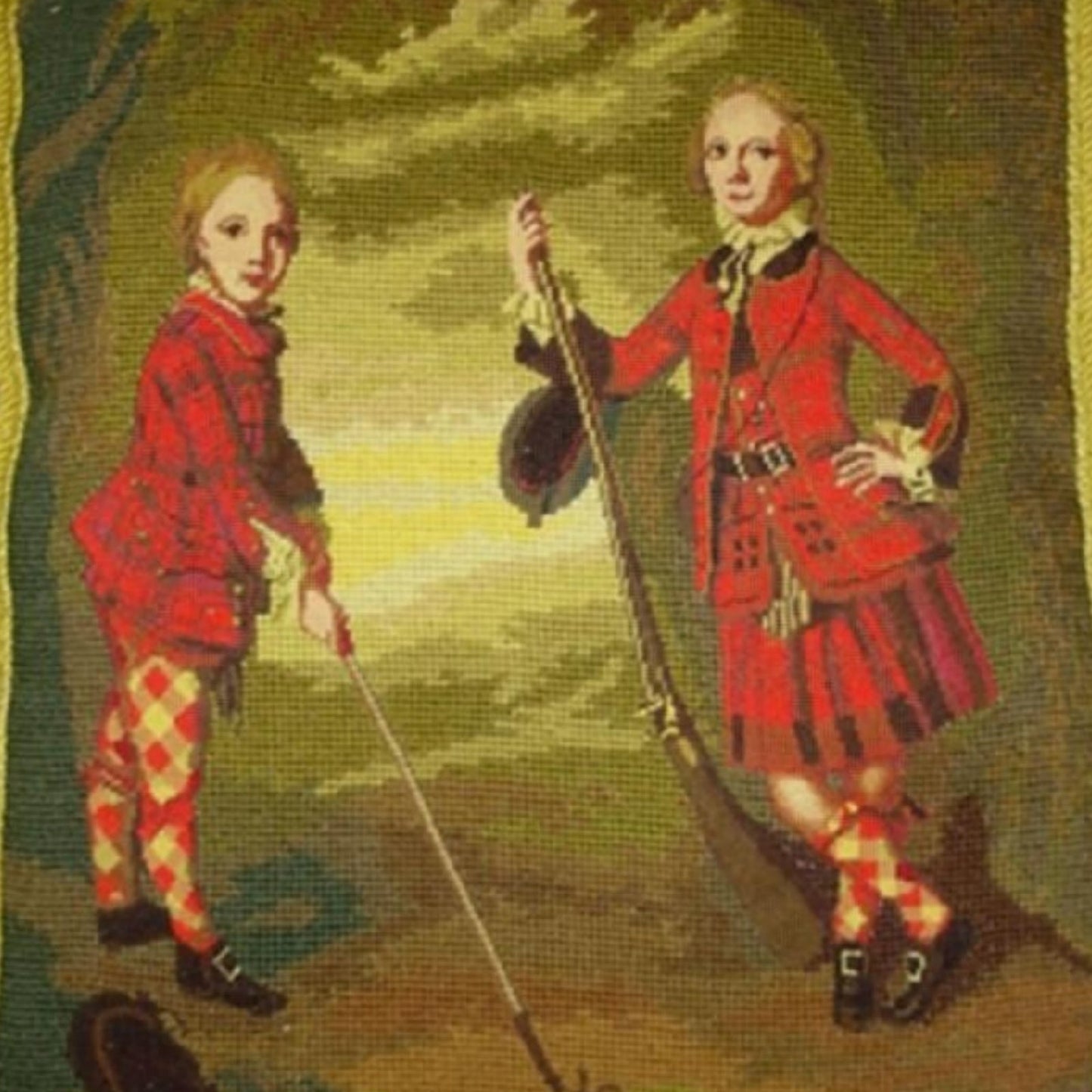 Handmade Wool Needlepoint Pillow Cover - Decorative Throw Cushion Cover - Vintage Floral Embroidery Design Irish Golfers background with tassels