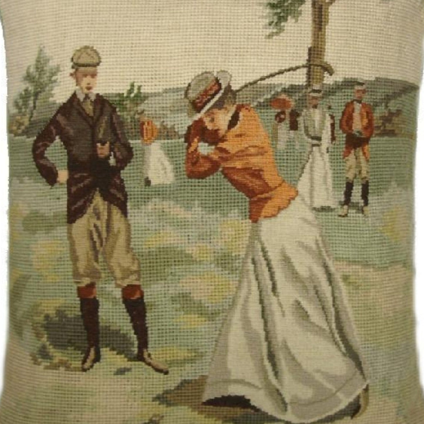 Handmade Wool Needlepoint Pillow Cover - Decorative Throw Cushion Cover - Vintage Floral Embroidery Design  background Golfer