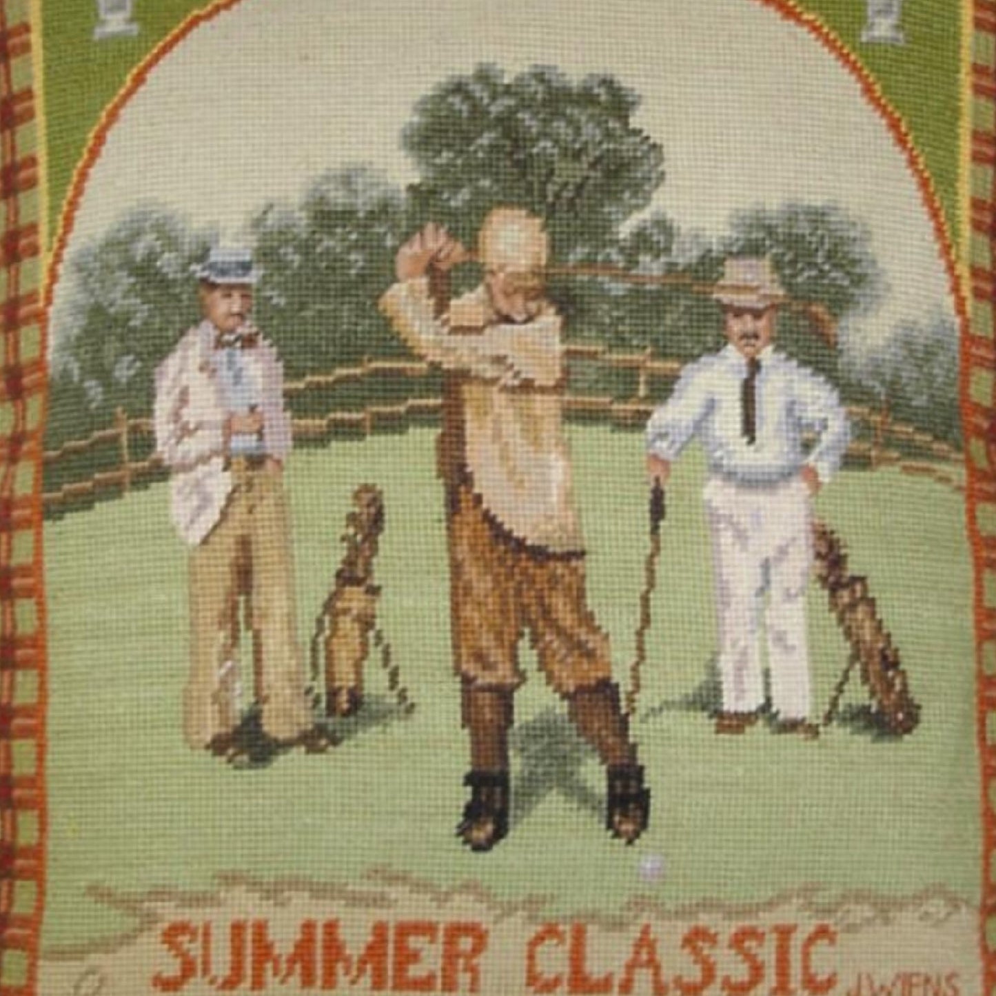 Handmade Wool Needlepoint Pillow Cover - Decorative Throw Cushion Cover - Vintage Floral Embroidery Design James Wiens Summer Classic men golf