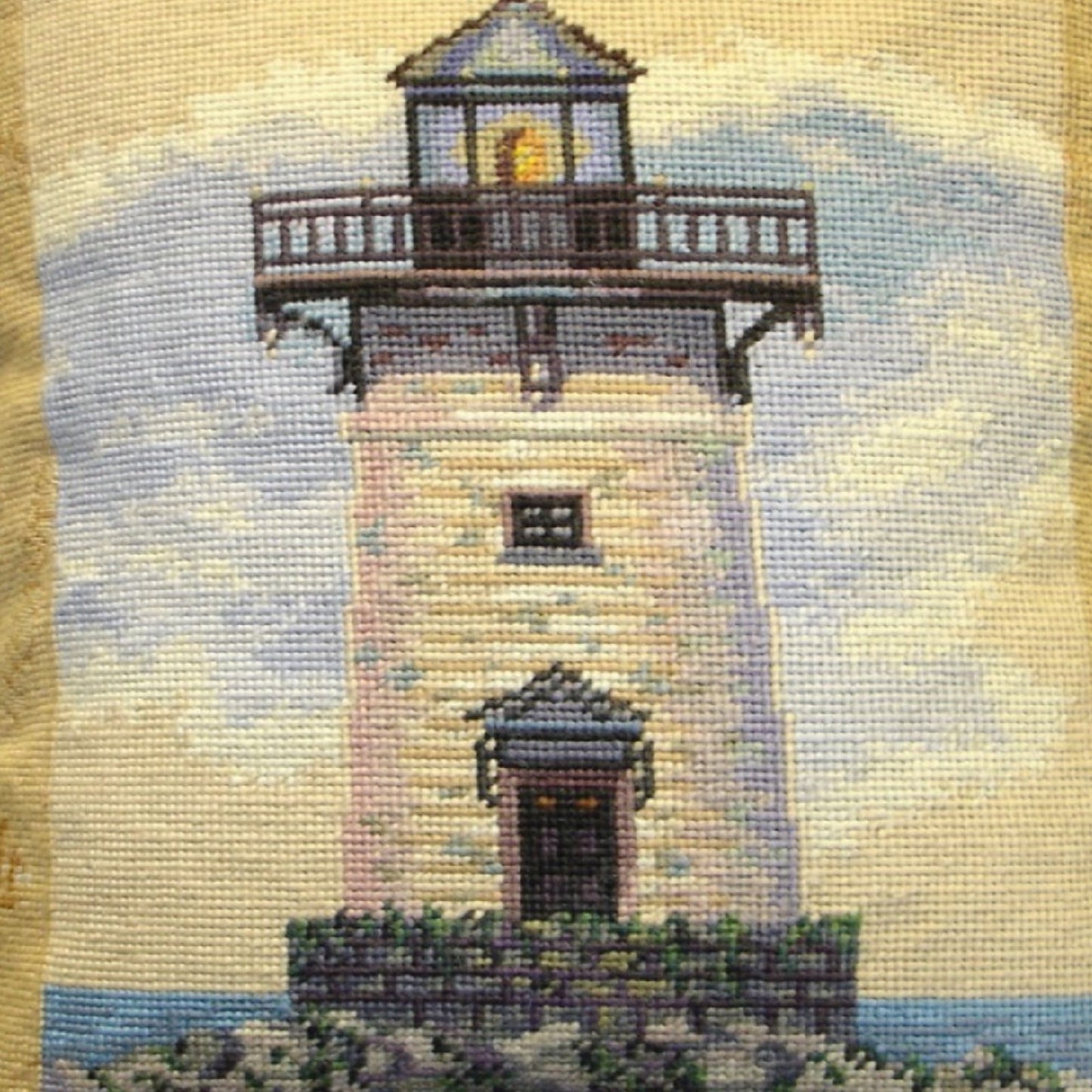 Handmade Wool Needlepoint Pillow Cover - Decorative Throw Cushion Cover - Vintage Floral Embroidery Design James Wienss designMapped Lighthouse I, & with cording