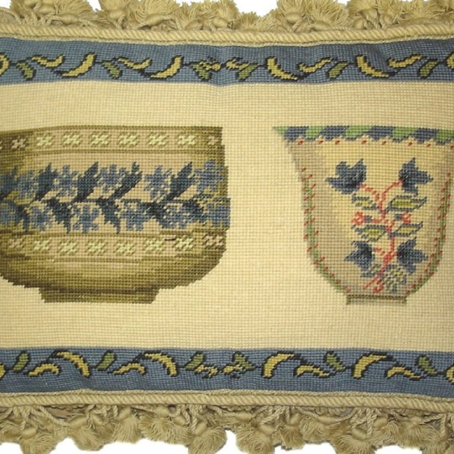 Handmade Wool Needlepoint Pillow Cover - Decorative Throw Cushion Cover - Vintage Floral Embroidery Design  French antique bowl set with tassels