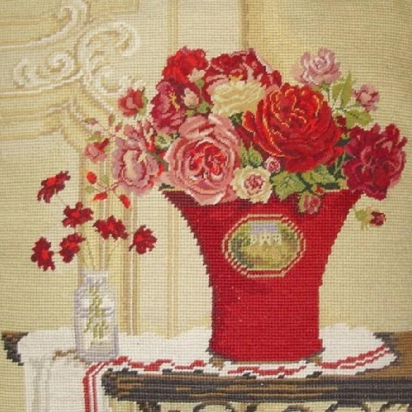 Handmade Wool Needlepoint Pillow Cover - Decorative Throw Cushion Cover - Vintage Floral Embroidery Design  Kathryn White Design b