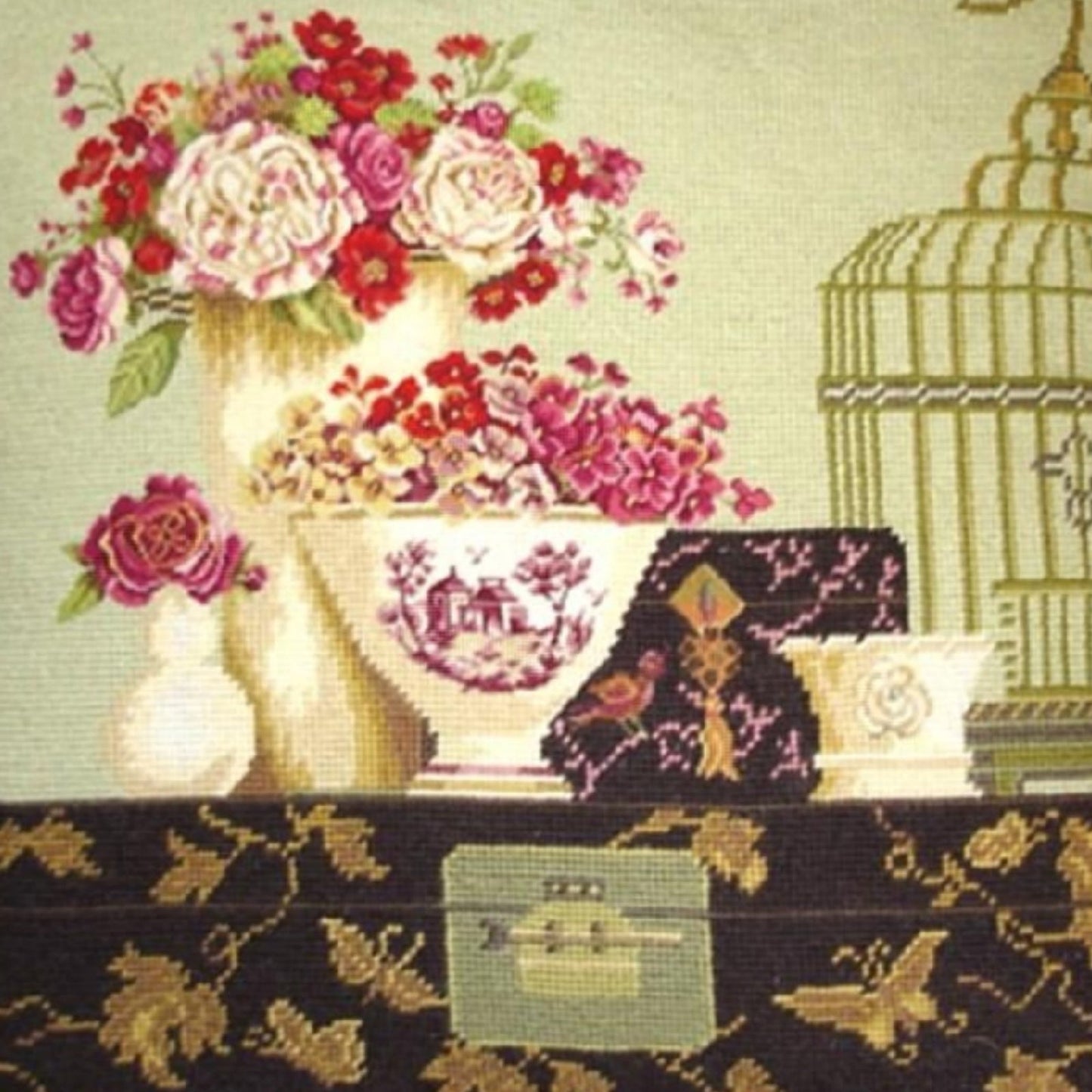 Handmade Wool Needlepoint Pillow Cover - Decorative Throw Cushion Cover - Vintage Floral Embroidery Design  Kathryn White Design I