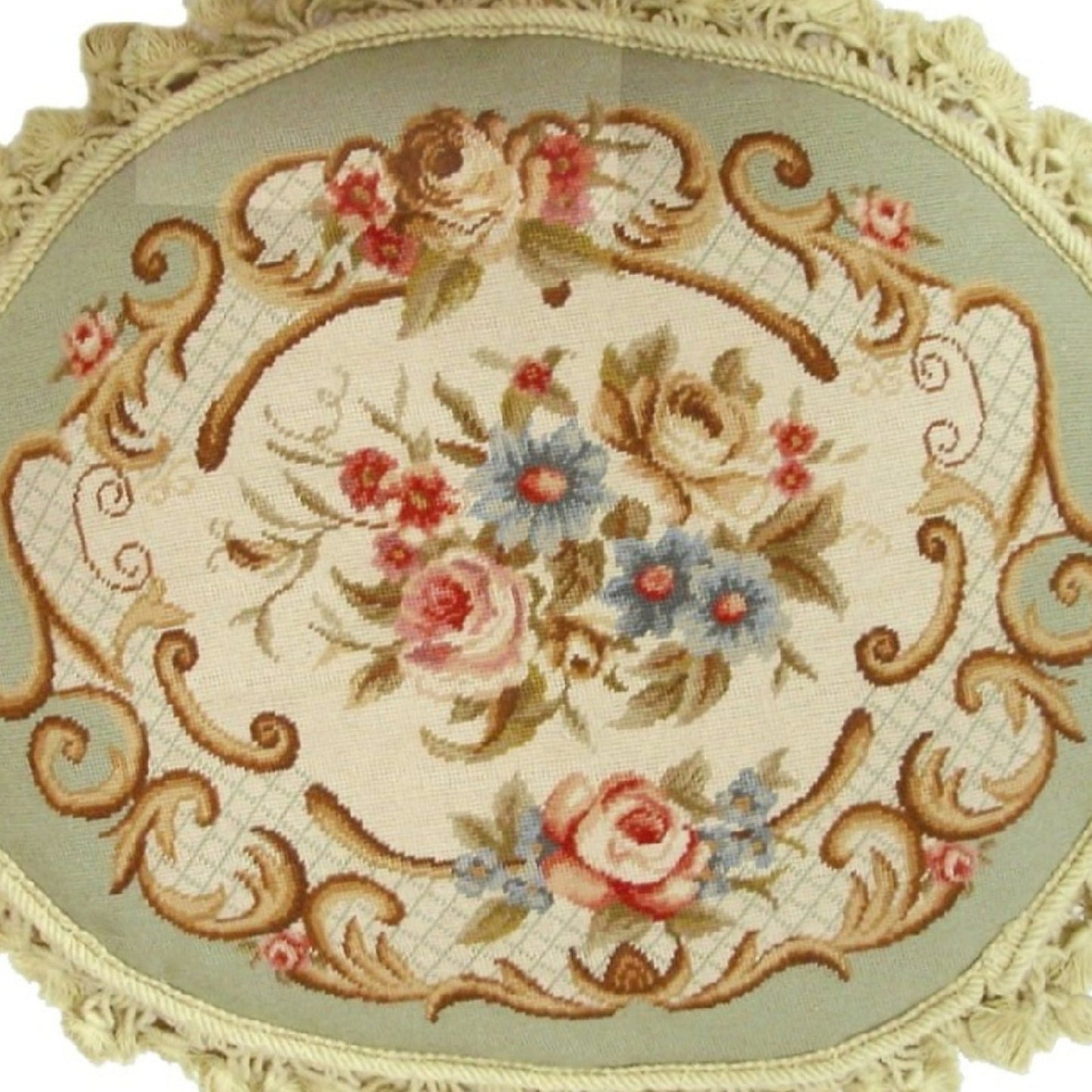 Handmade Wool Needlepoint Pillow Cover - Decorative Throw Cushion Cover - Vintage Floral Embroidery Design  oval pillow central flower light green frame nature tassels