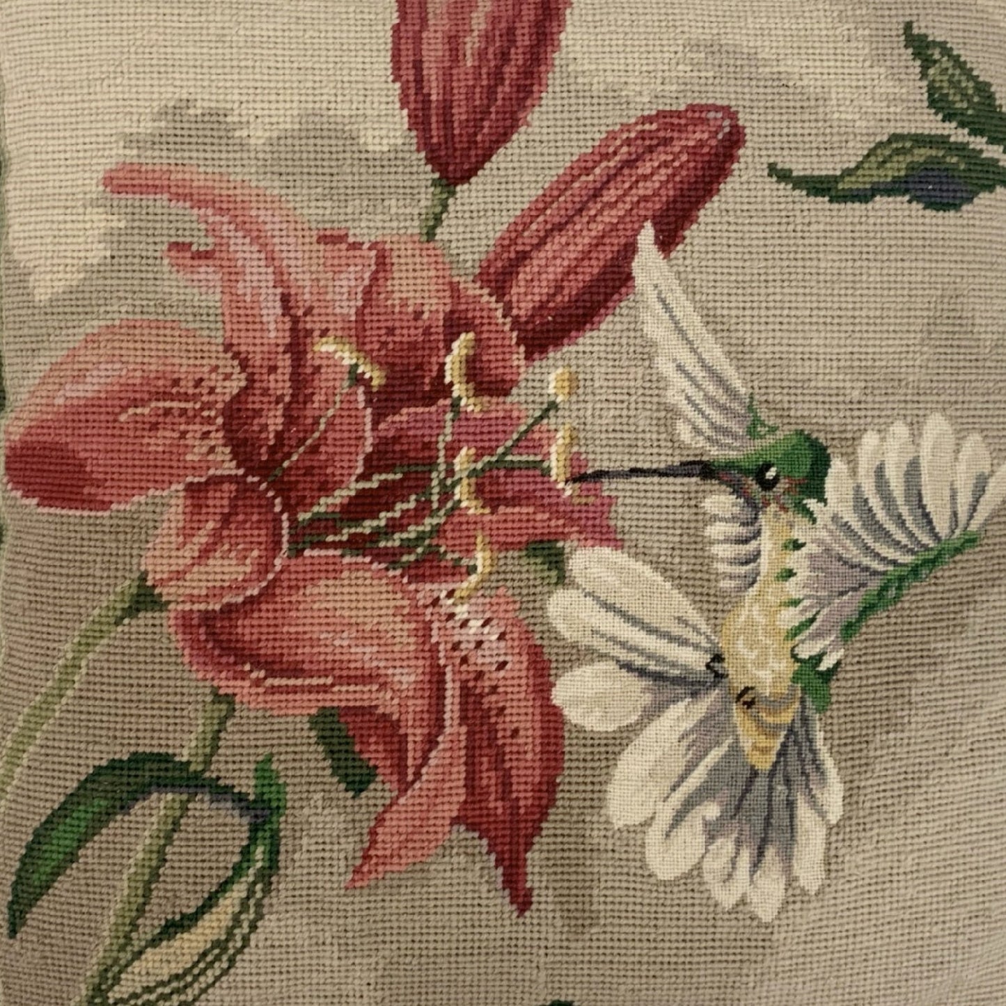 Handmade Wool Needlepoint Pillow Cover - Decorative Throw Cushion Cover - Vintage Floral Embroidery Designhumming bird at side of pink lily with 2 color tassel