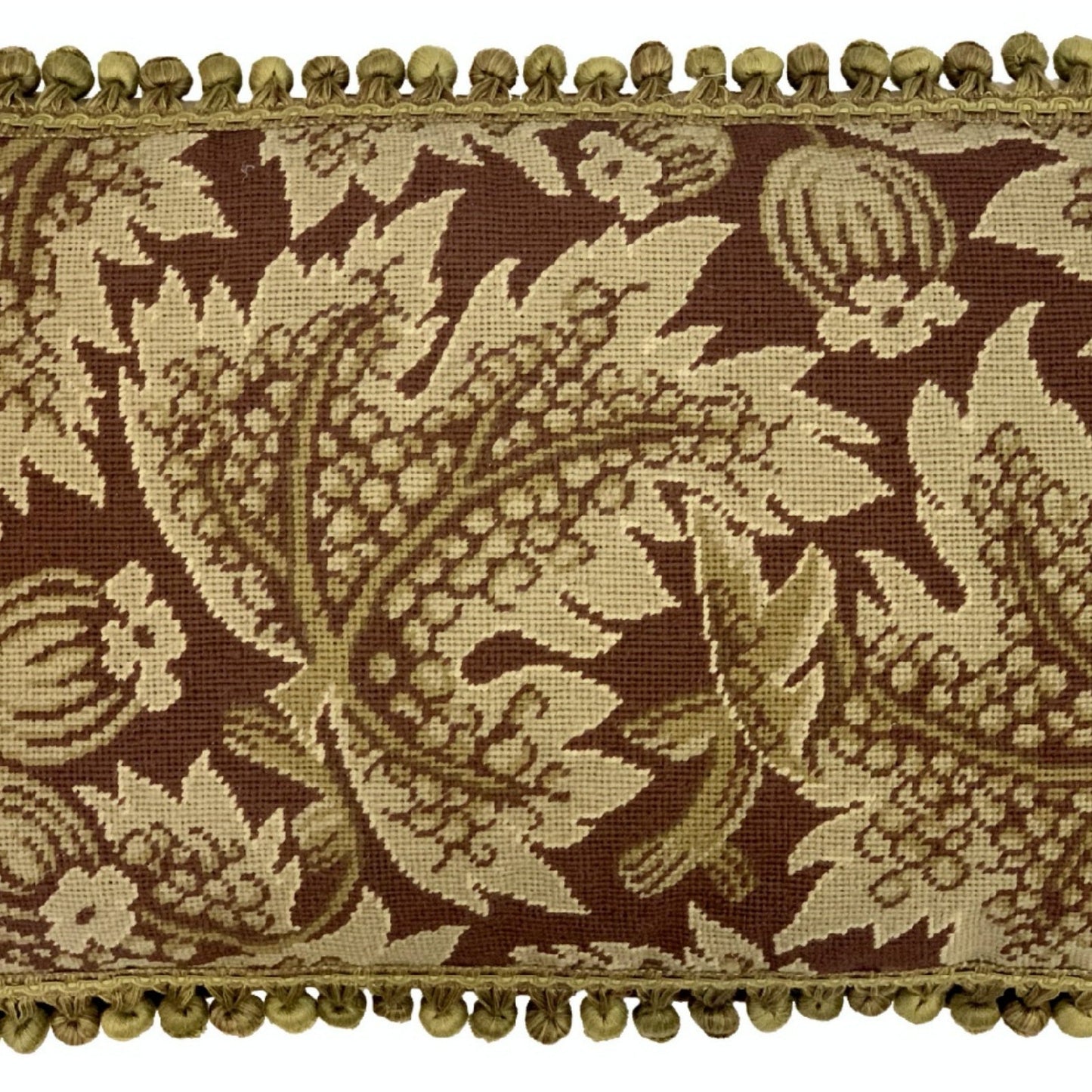 Handmade Wool Needlepoint Pillow Cover - Decorative Throw Cushion Cover - Vintage Floral Embroidery Design olive grape leaves brown background with tassels)