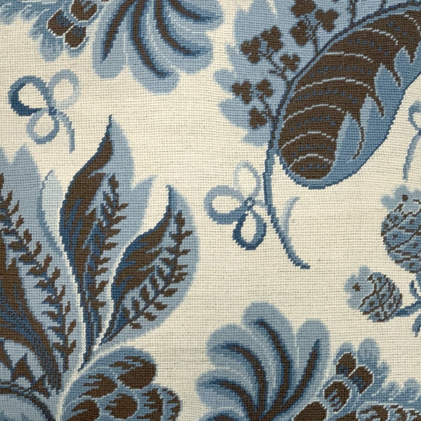 Handmade Wool Needlepoint Pillow Cover - Decorative Throw Cushion Cover - Vintage Floral Embroidery Design blue tropical leaves ivory background with tassels II