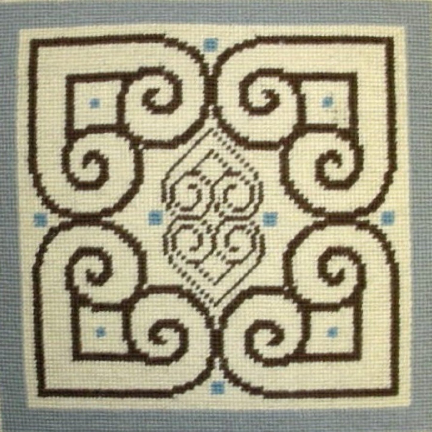 Handmade Wool Needlepoint Pillow Cover - Decorative Throw Cushion Cover - Vintage Floral Embroidery Design blue/brown heartscroll design