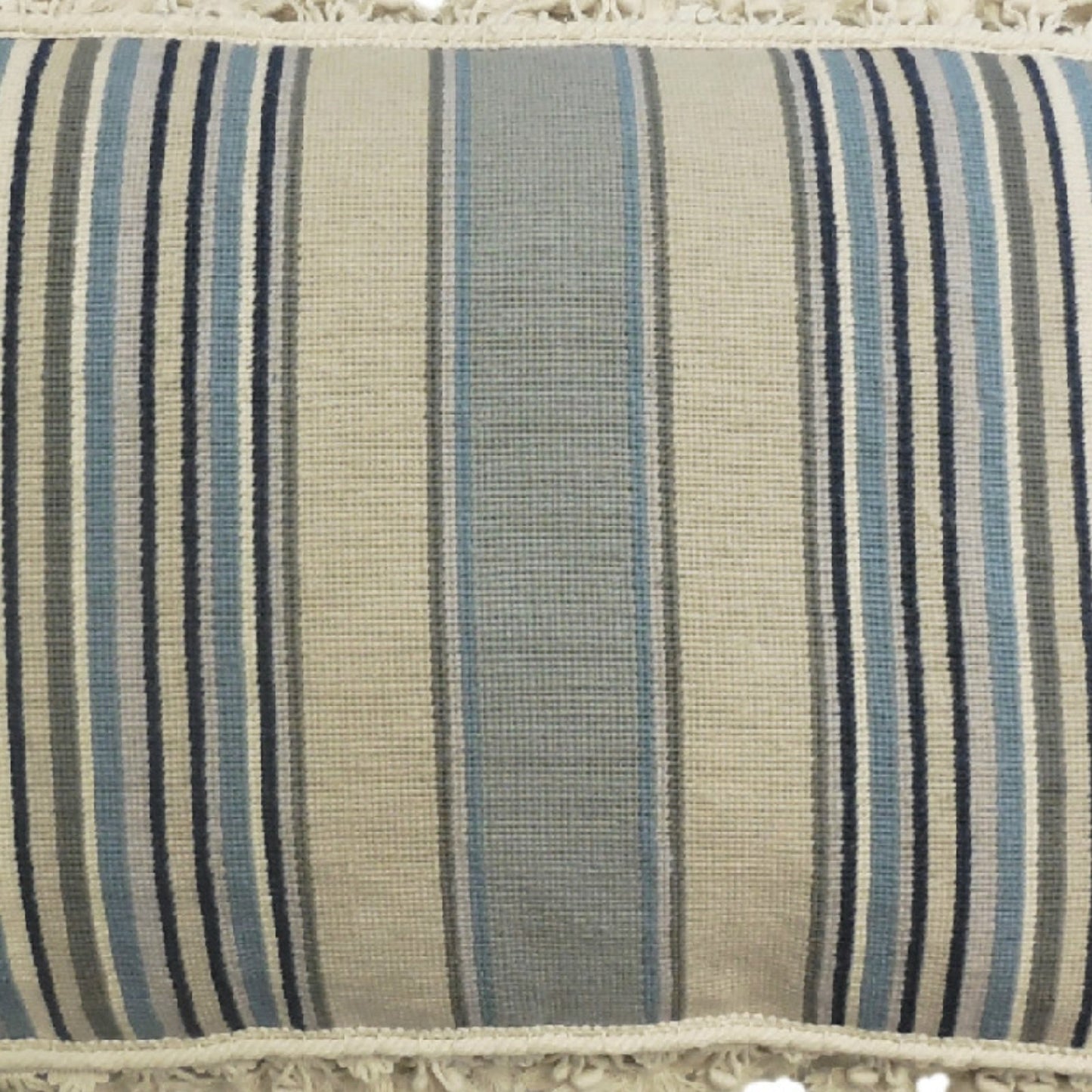 Handmade Wool Needlepoint Pillow Cover - Decorative Throw Cushion Cover - Vintage Floral Embroidery Design strips in blue/sand/navy/ivory with tassels
