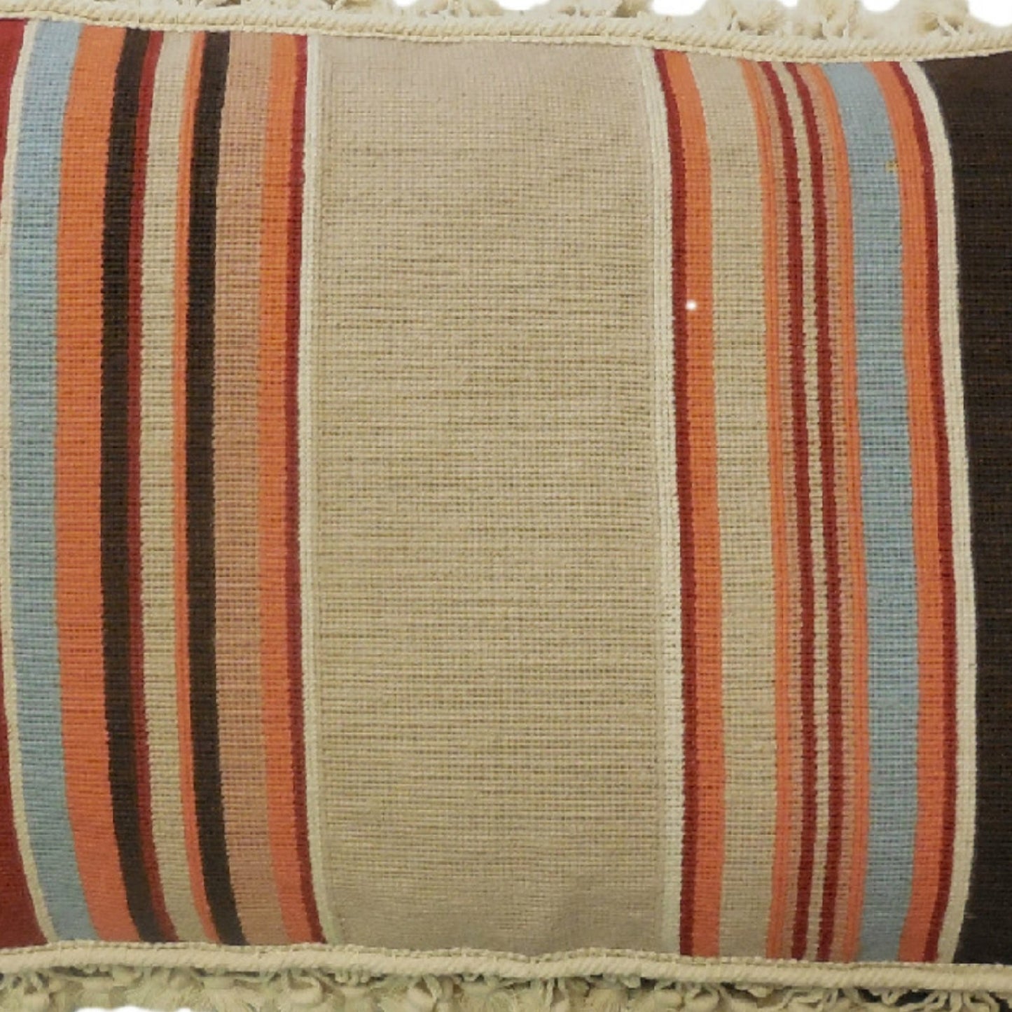 Handmade Wool Needlepoint Pillow Cover - Decorative Throw Cushion Cover - Vintage Floral Embroidery Design strips in red, blue, brown, sand, orange with tassels