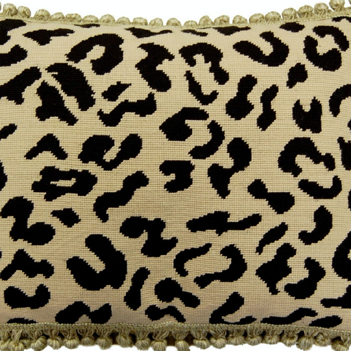 Handmade Wool Needlepoint Pillow Cover - Decorative Throw Cushion Cover - Vintage Floral Embroidery Design black leopard print nature background with tassels