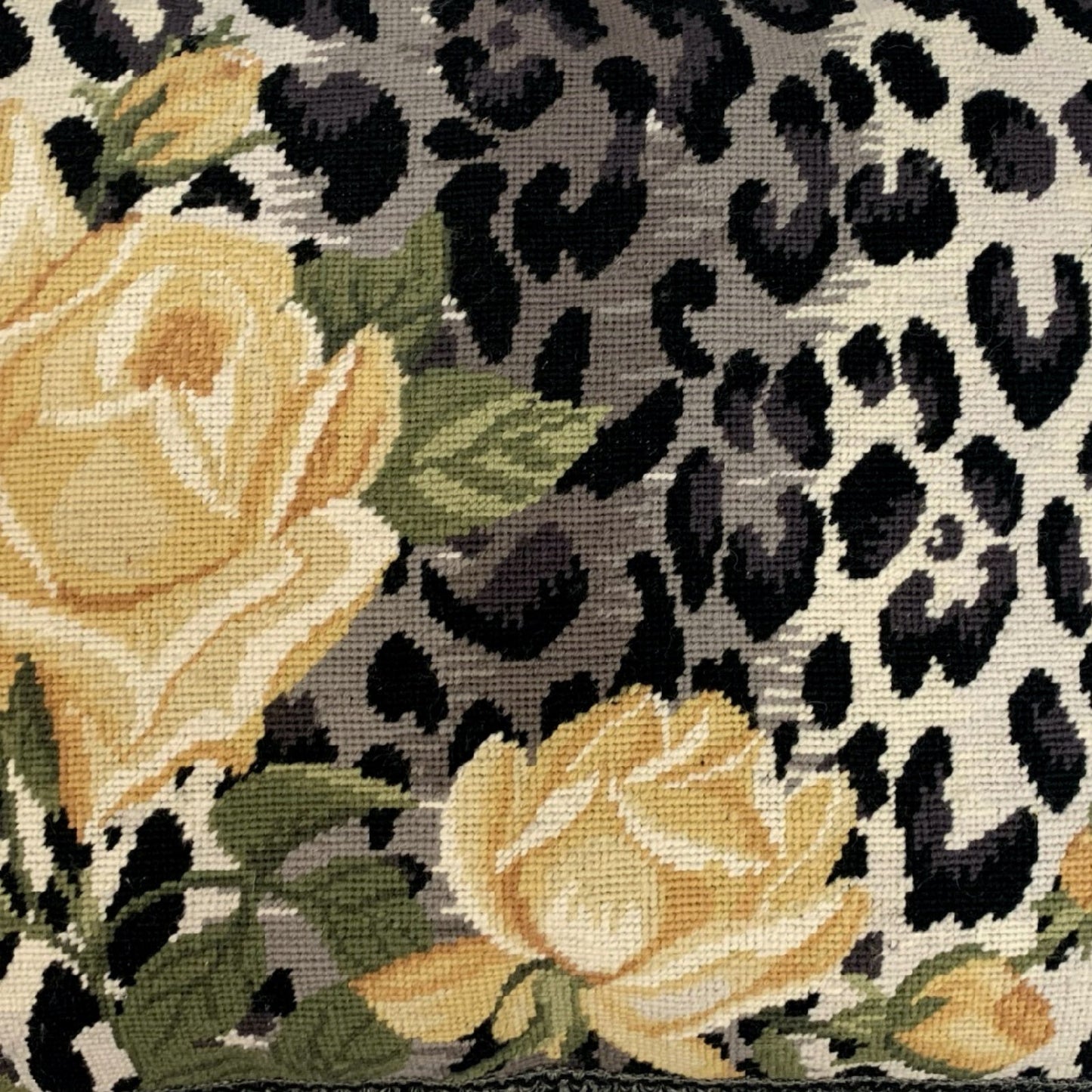 Handmade Wool Needlepoint Pillow Cover - Decorative Throw Cushion Cover - Vintage Floral Embroidery Design B/W leopard print yellow rose with 3 color tassel