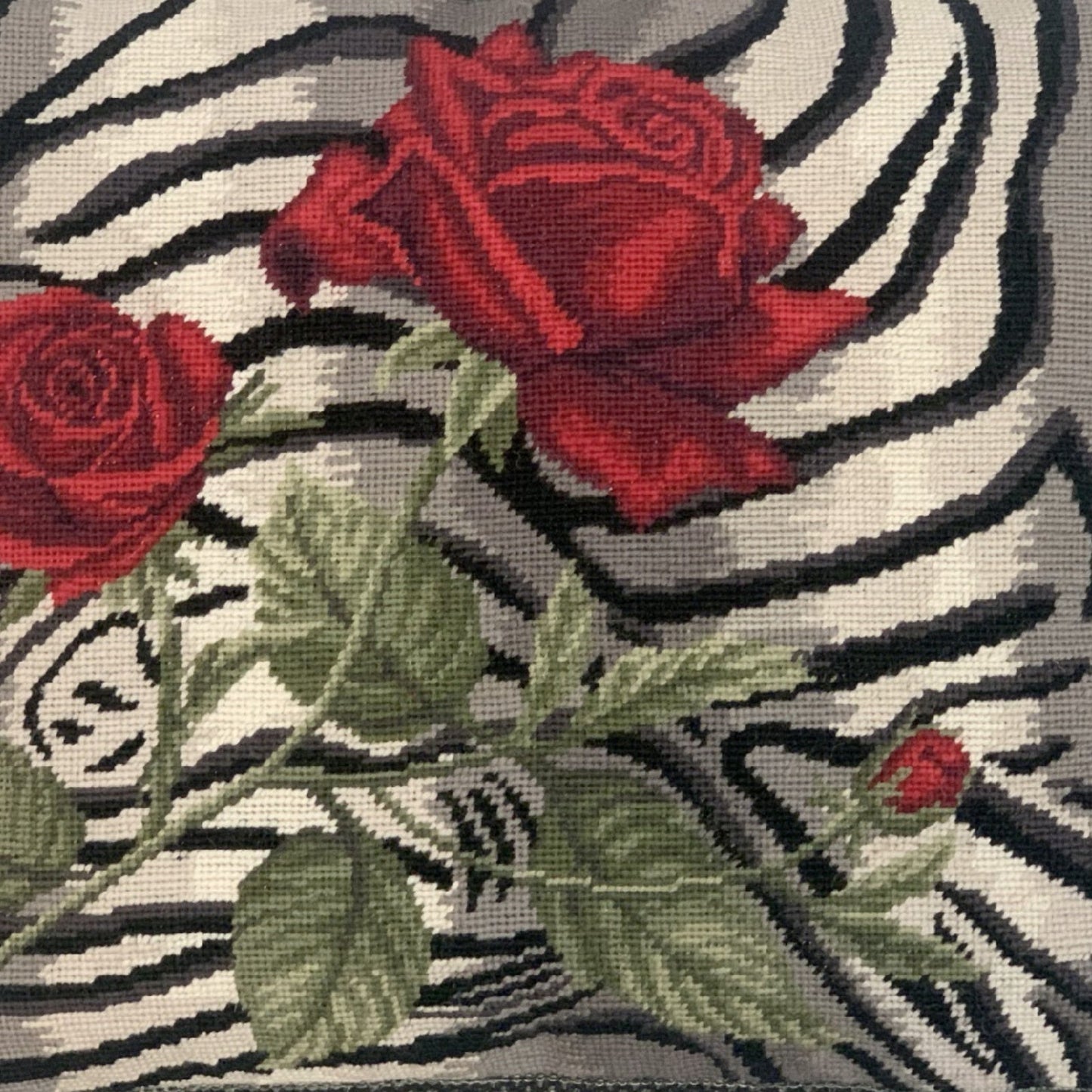 Handmade Wool Needlepoint Pillow Cover - Decorative Throw Cushion Cover - Vintage Floral Embroidery Design B/W tiger print red rose with 3 color tassel