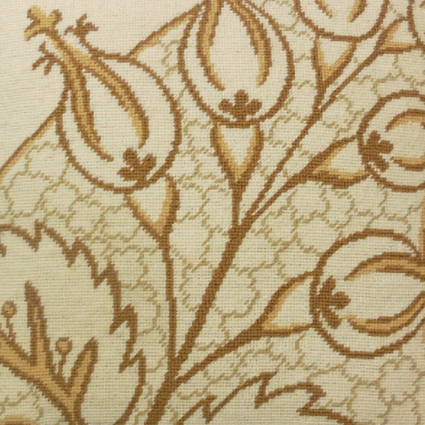 Handmade Wool Needlepoint Pillow Cover - Decorative Throw Cushion Cover - Vintage Floral Embroidery Design brown/yellow big leaves/Flowers checker cording