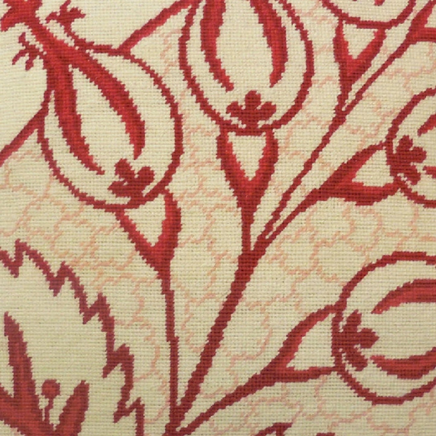 Handmade Wool Needlepoint Pillow Cover - Decorative Throw Cushion Cover - Vintage Floral Embroidery Design red big leaves/flowers checker cording