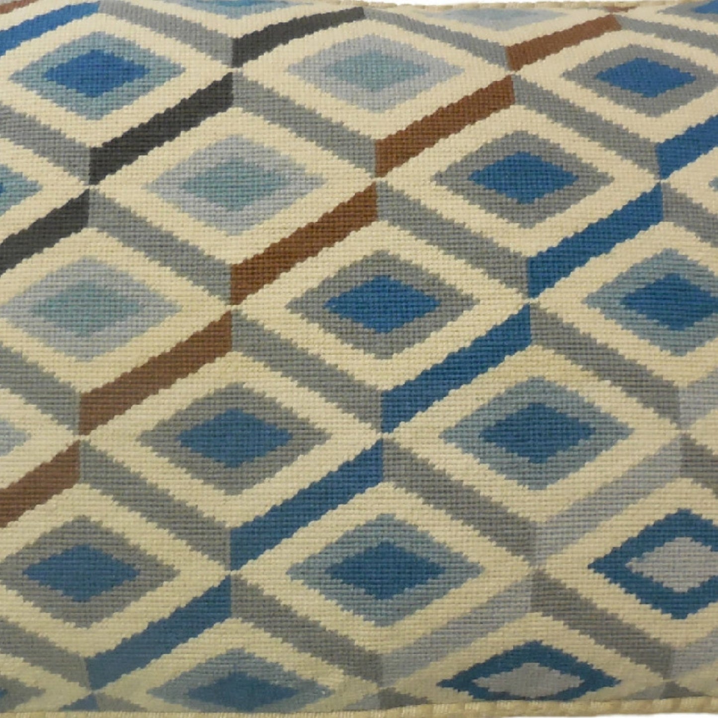 Handmade Wool Needlepoint Pillow Cover - Decorative Throw Cushion Cover - Vintage Floral Embroidery Design blue-gray-brown 3D square checker cording