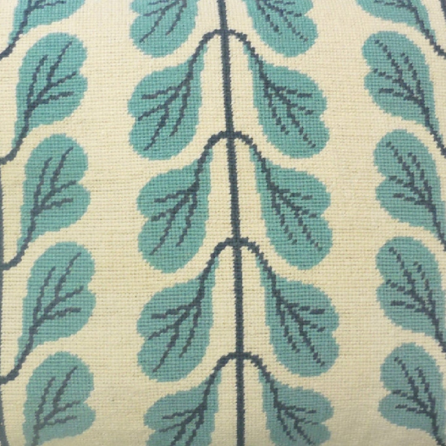 Handmade Wool Needlepoint Pillow Cover - Decorative Throw Cushion Cover - Vintage Floral Embroidery Design 3 lines blue leaves checker cording