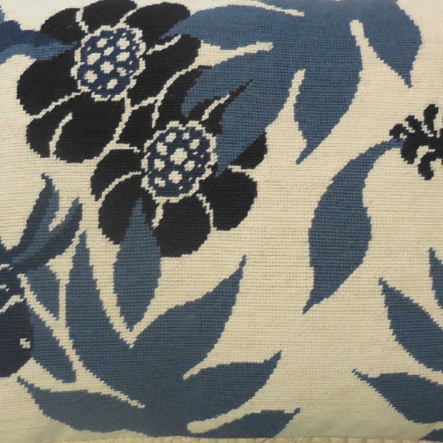 Handmade Wool Needlepoint Pillow Cover - Decorative Throw Cushion Cover - Vintage Floral Embroidery Design blue Koi ship checker cording