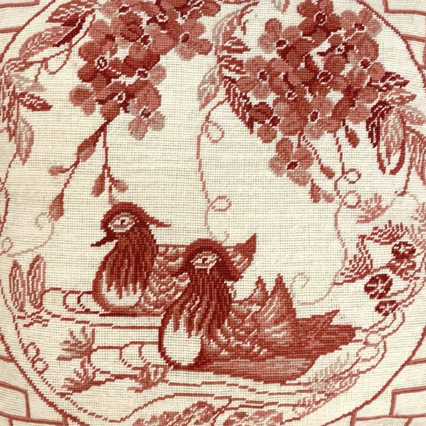 Handmade Wool Needlepoint Pillow Cover - Decorative Throw Cushion Cover - Vintage Floral Embroidery Design  red Manderain Ducks plum flowers with tassels