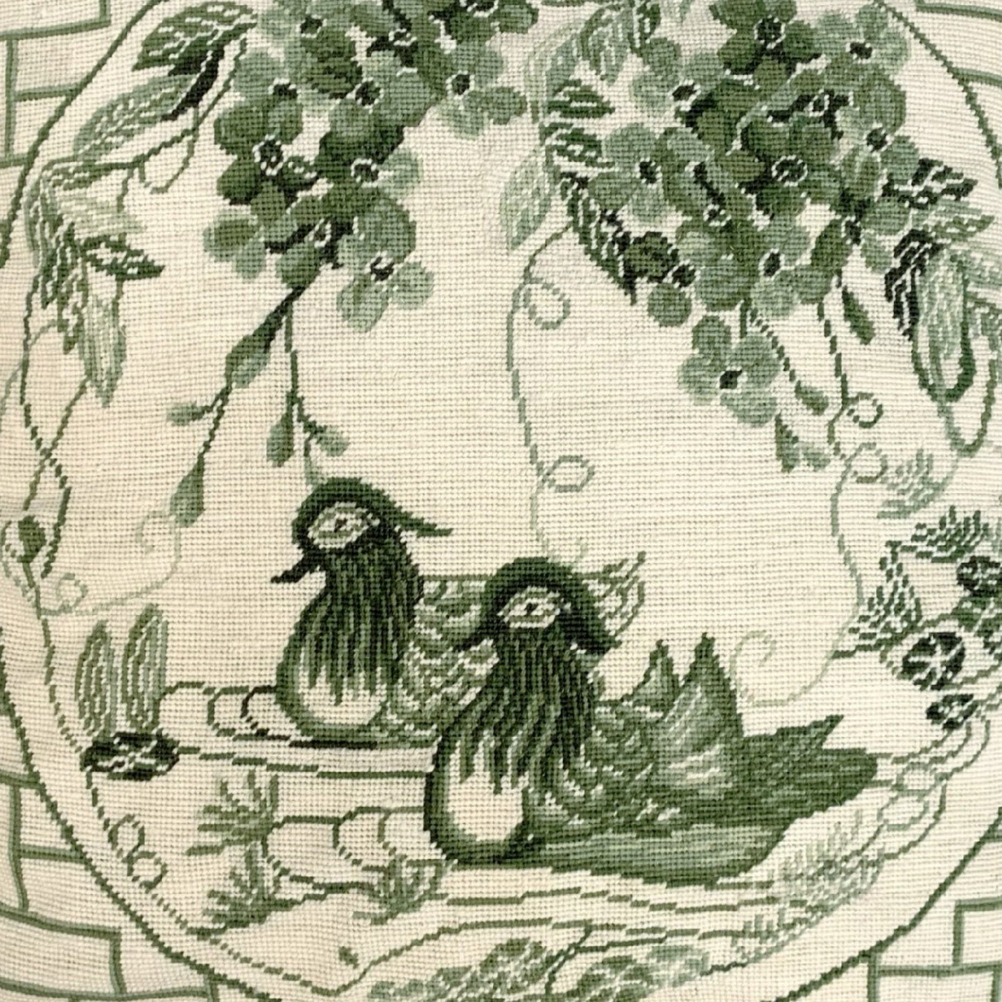 Handmade Wool Needlepoint Pillow Cover - Decorative Throw Cushion Cover - Vintage Floral Embroidery Design  green Manderain Ducks plum flower with tassels