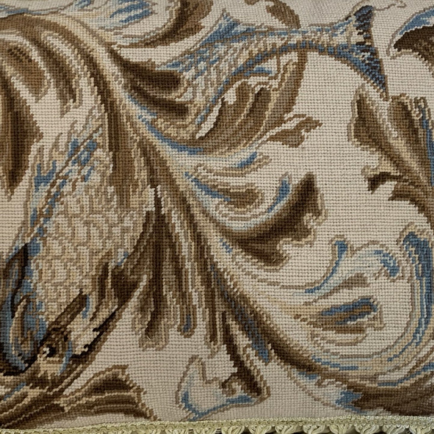 Handmade Wool Needlepoint Pillow Cover - Decorative Throw Cushion Cover - Vintage Floral Embroidery Design blue/brown fish and weeds with tassels