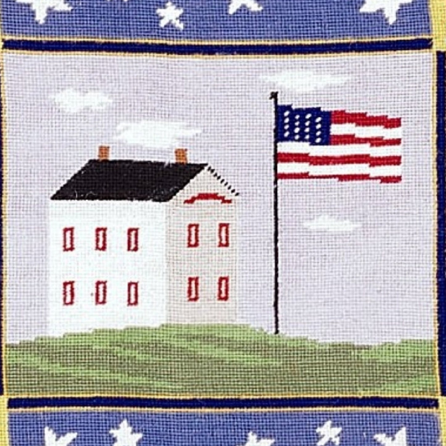 Handmade Wool Needlepoint Pillow Cover - Decorative Throw Cushion Cover - Vintage Floral Embroidery Design house & flag 4 stars on the 4 corner