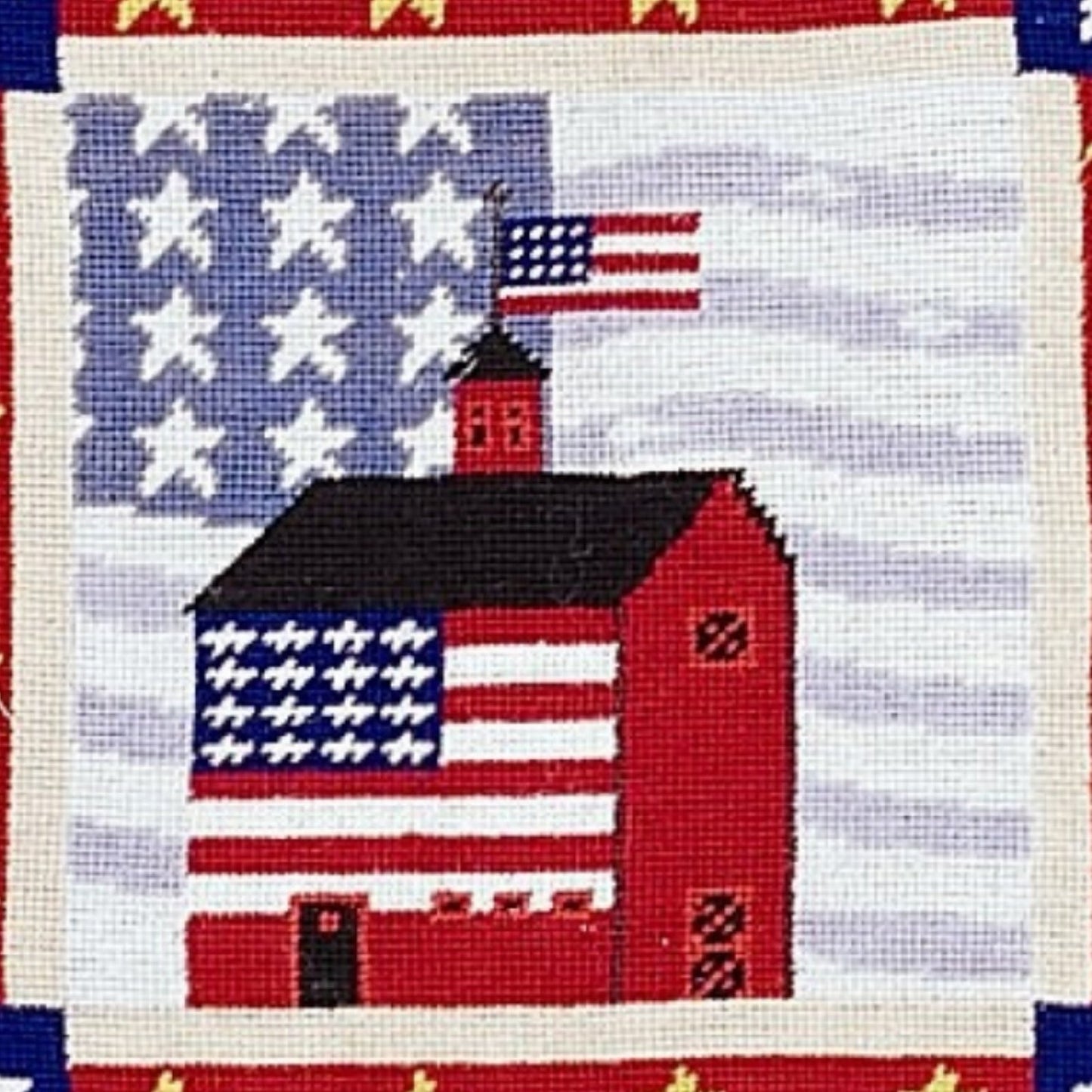 Handmade Wool Needlepoint Pillow Cover - Decorative Throw Cushion Cover - Vintage Floral Embroidery Design red house gold stars around