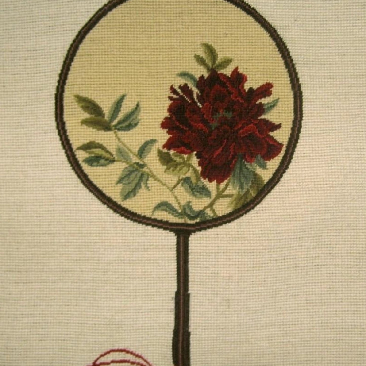 Handmade Wool Needlepoint Pillow Cover - Decorative Throw Cushion Cover - Vintage Floral Embroidery Design red peony in Chines fan with checker cording