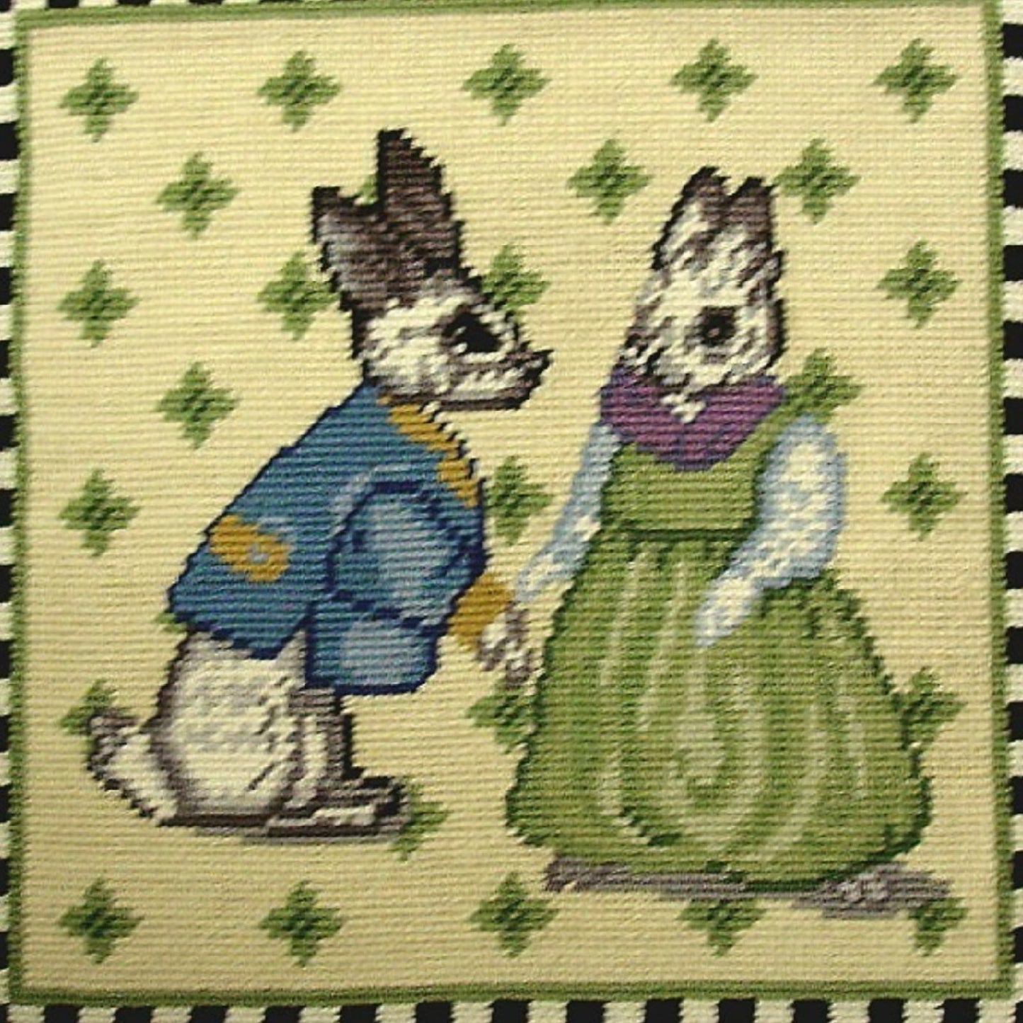 Handmade Wool Needlepoint Pillow Cover - Decorative Throw Cushion Cover - Vintage Floral Embroidery Design 2 rabit baby black white check nature & cream cording