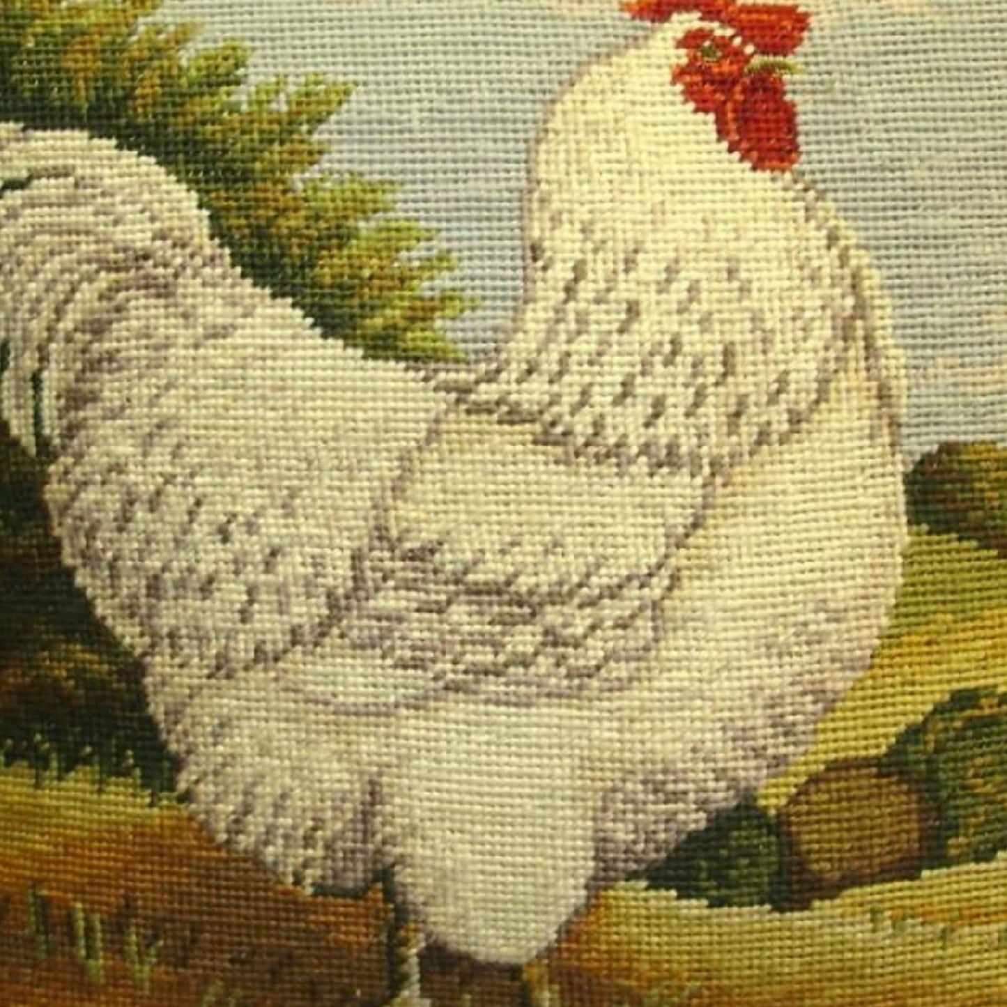 Handmade Wool Needlepoint Pillow Cover - Decorative Throw Cushion Cover - Vintage Floral Embroidery Design white roosterByron