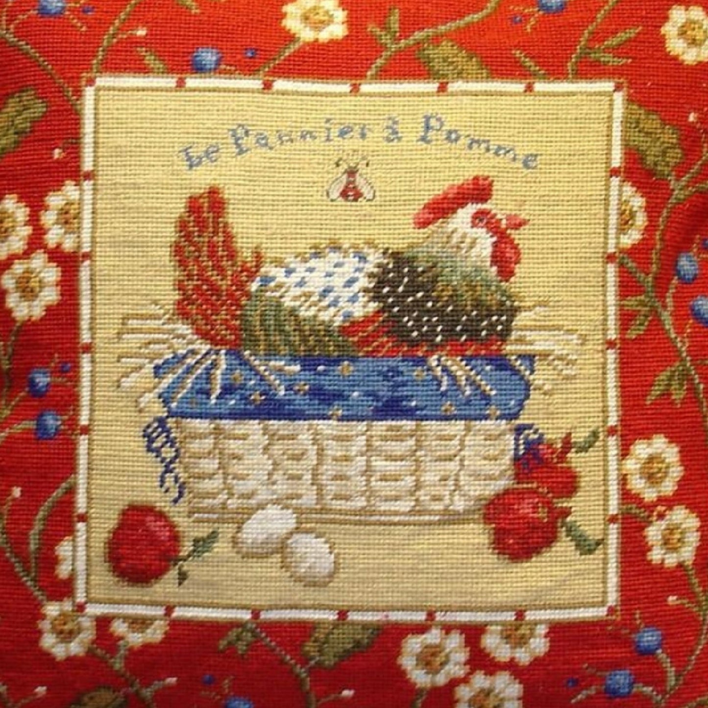 Handmade Wool Needlepoint Pillow Cover - Decorative Throw Cushion Cover - Vintage Floral Embroidery Design SudiMcCollums design Le Panier a Pomme, with  bea and 3 color tassel