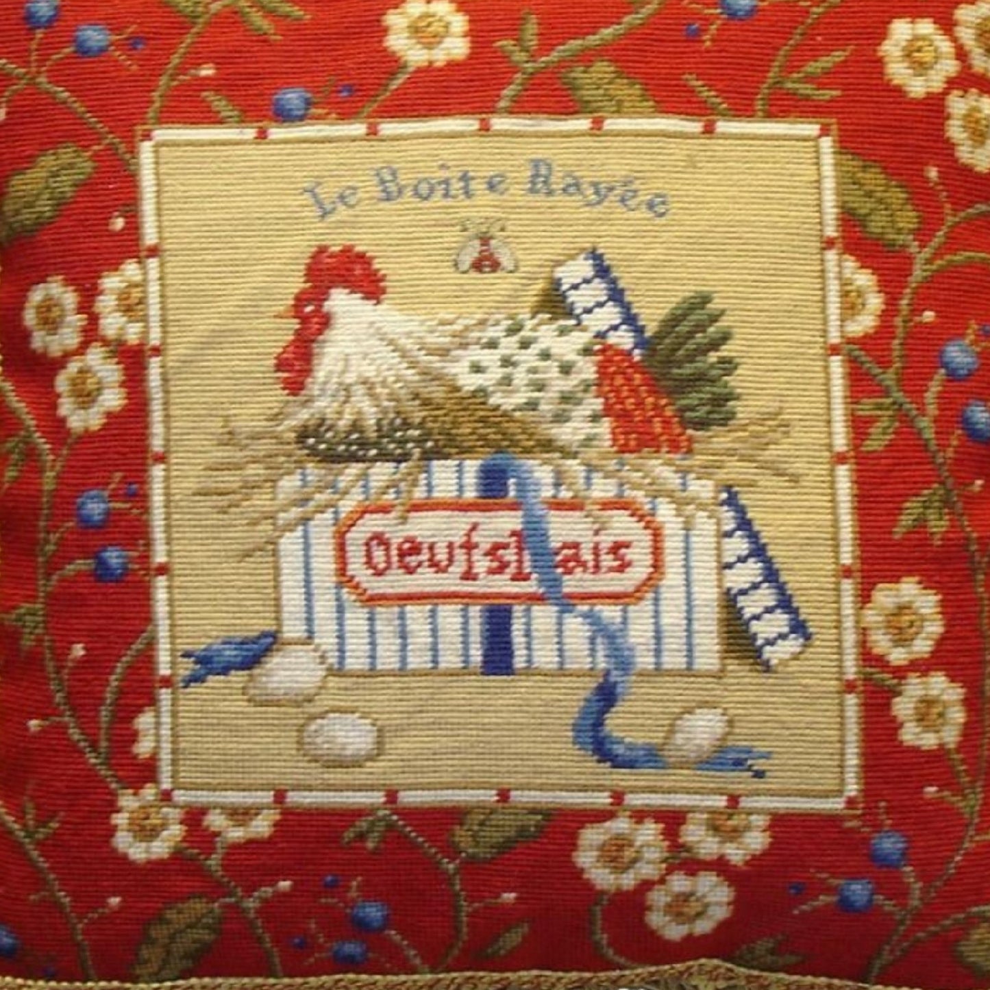 Handmade Wool Needlepoint Pillow Cover - Decorative Throw Cushion Cover - Vintage Floral Embroidery Design Sudi McCollums designLe Boite Rayee with  bee and 3 color tassel