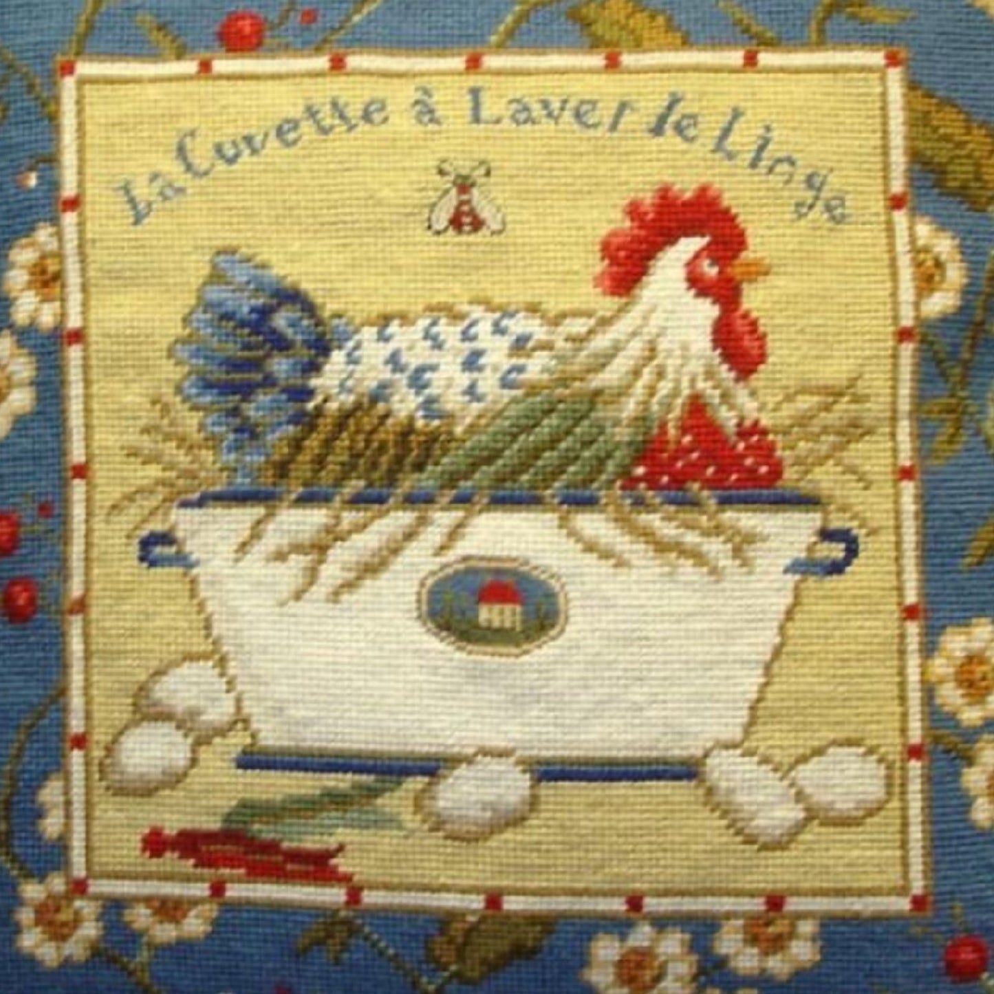 Handmade Wool Needlepoint Pillow Cover - Decorative Throw Cushion Cover - Vintage Floral Embroidery Design Sudi McCollums designLa Cuvette a Laver le Linge with  bee and 3 color tassel