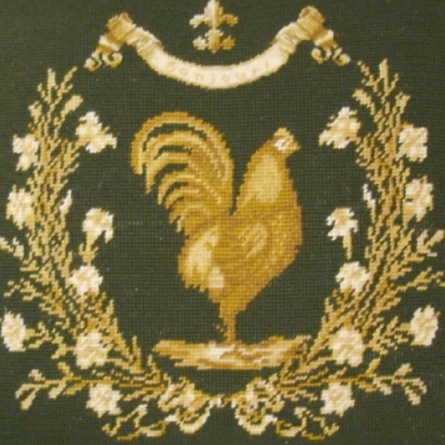 Handmade Wool Needlepoint Pillow Cover - Decorative Throw Cushion Cover - Vintage Floral Embroidery Design Gayle Bighouses design french country rooster green