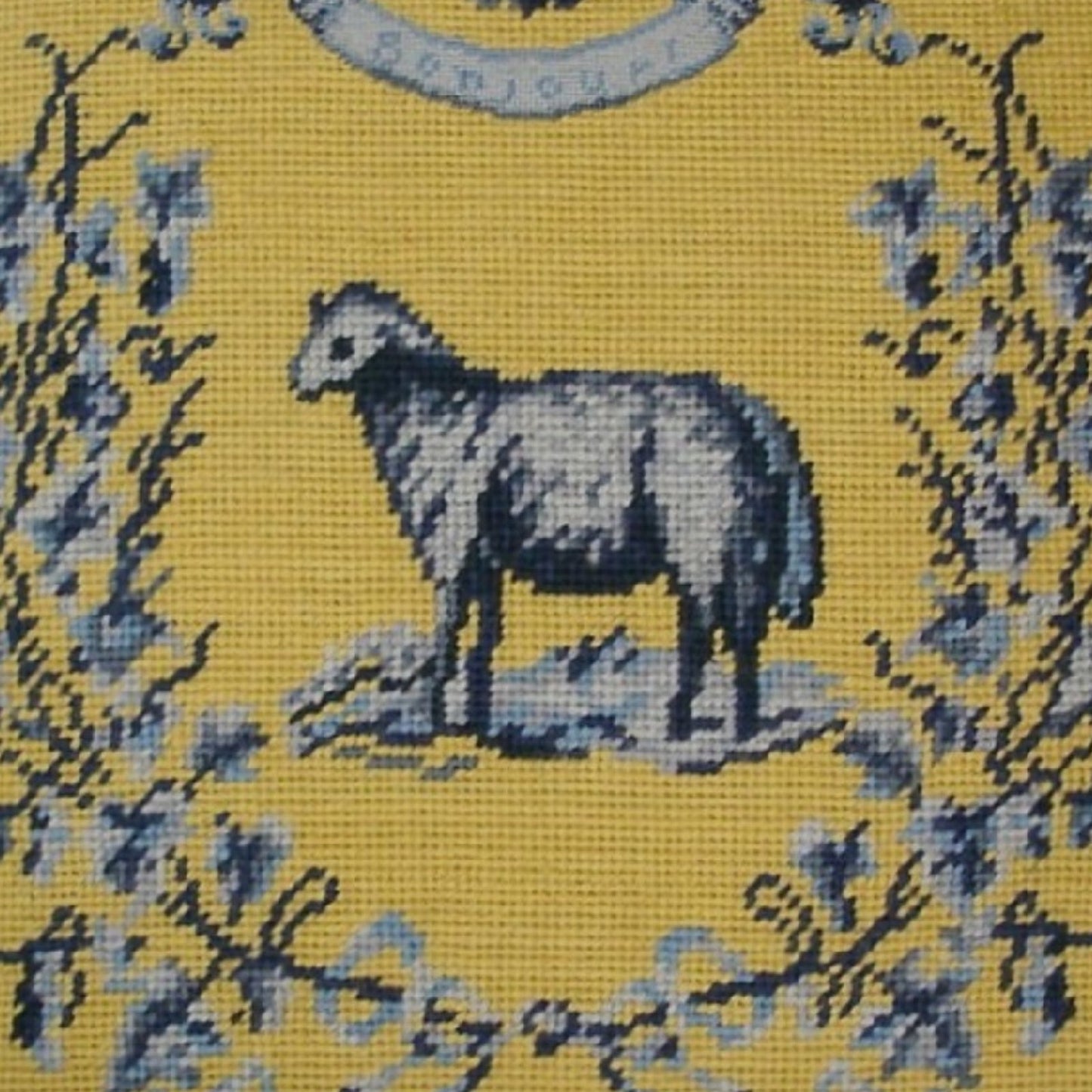 Handmade Wool Needlepoint Pillow Cover - Decorative Throw Cushion Cover - Vintage Floral Embroidery Design yellow/blue sheep with cording