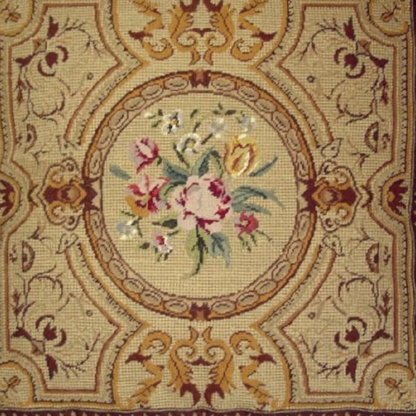 Handmade Wool Needlepoint Pillow Cover - Decorative Throw Cushion Cover - Vintage Floral Embroidery Design golden antique frame & roses center with gold tassels