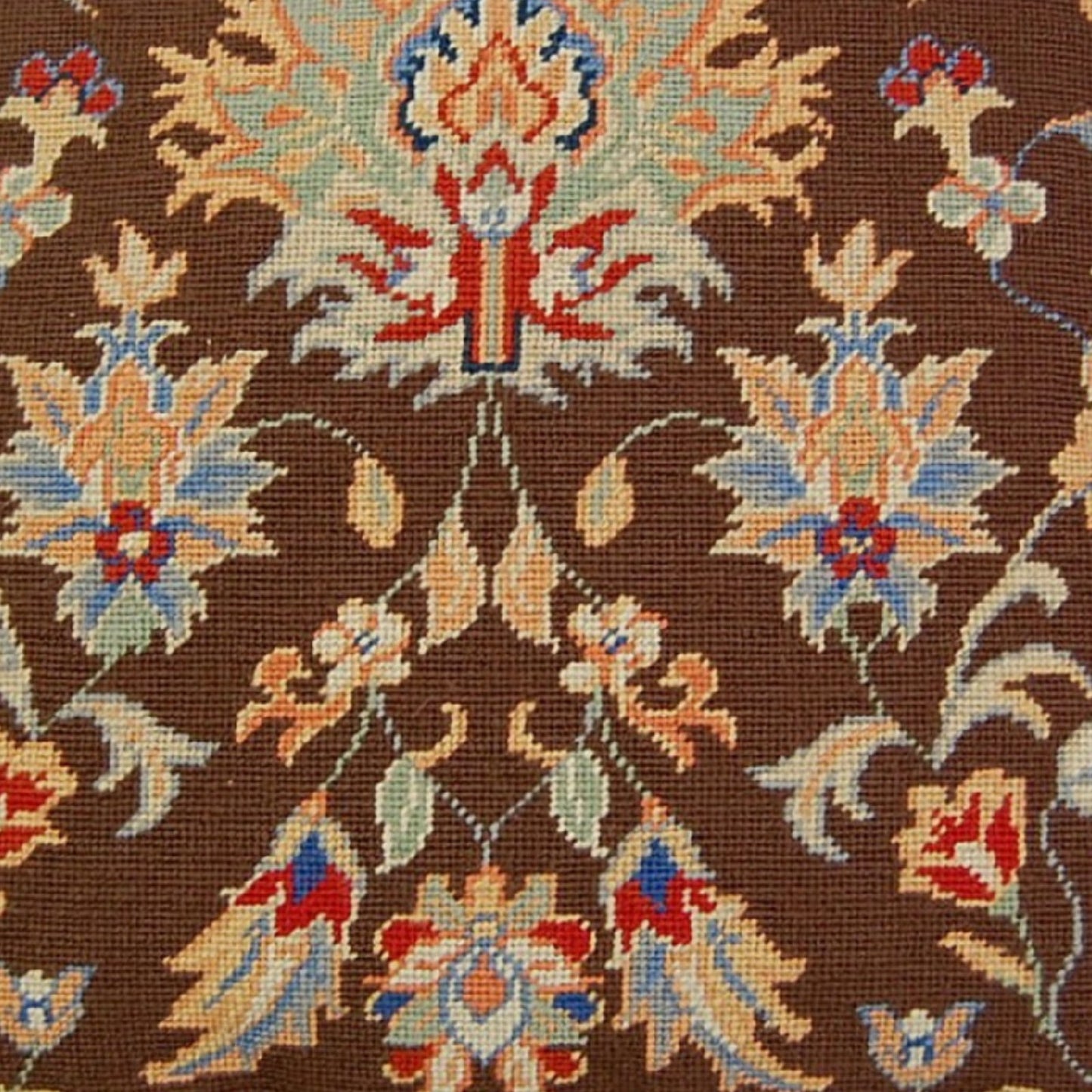 Handmade Wool Needlepoint Pillow Cover - Decorative Throw Cushion Cover - Vintage Floral Embroidery Design dark brown background William Morris style with tassels