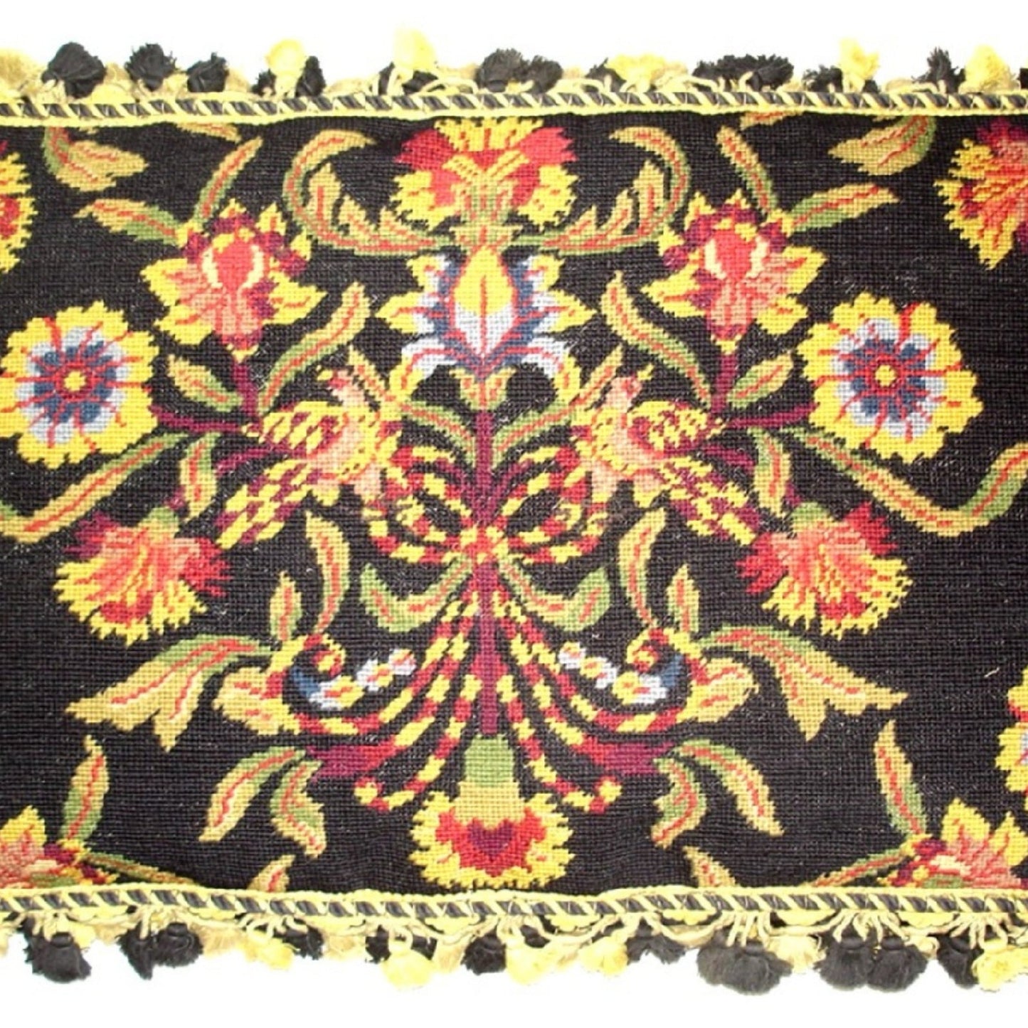 Handmade Wool Needlepoint Pillow Cover - Decorative Throw Cushion Cover - Vintage Floral Embroidery Design William Morris design black with 3 color tassel